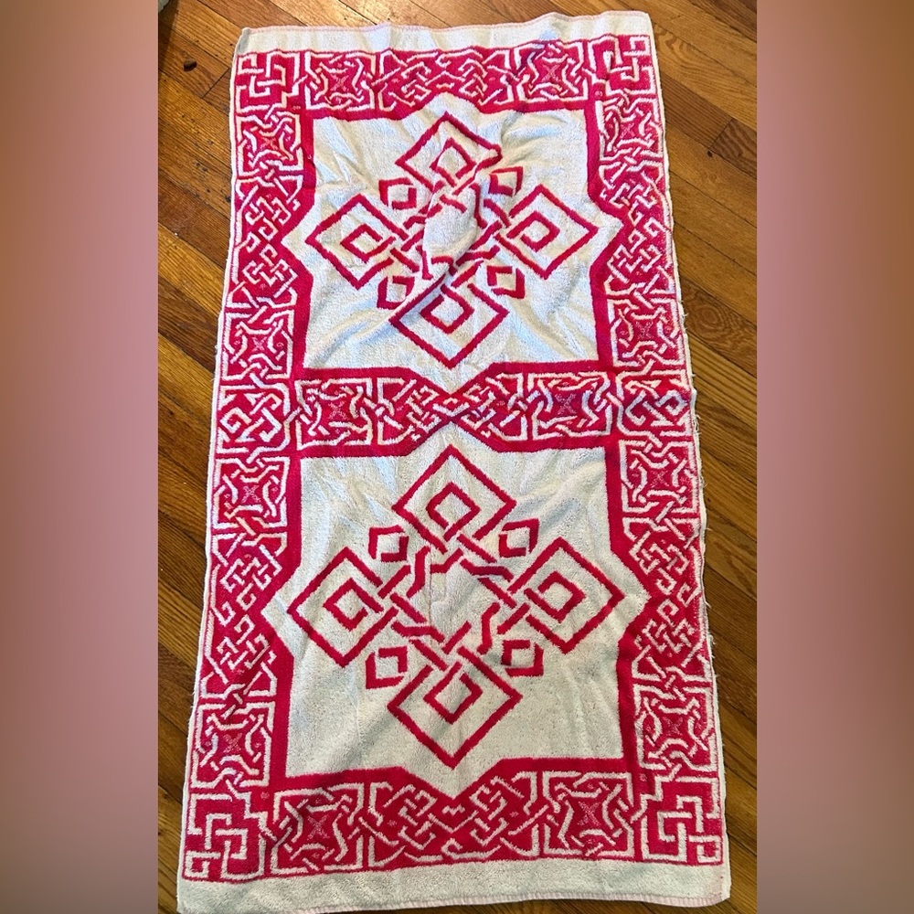 vintage towels (2) red and white and green fringed butterfly Montgomery ward